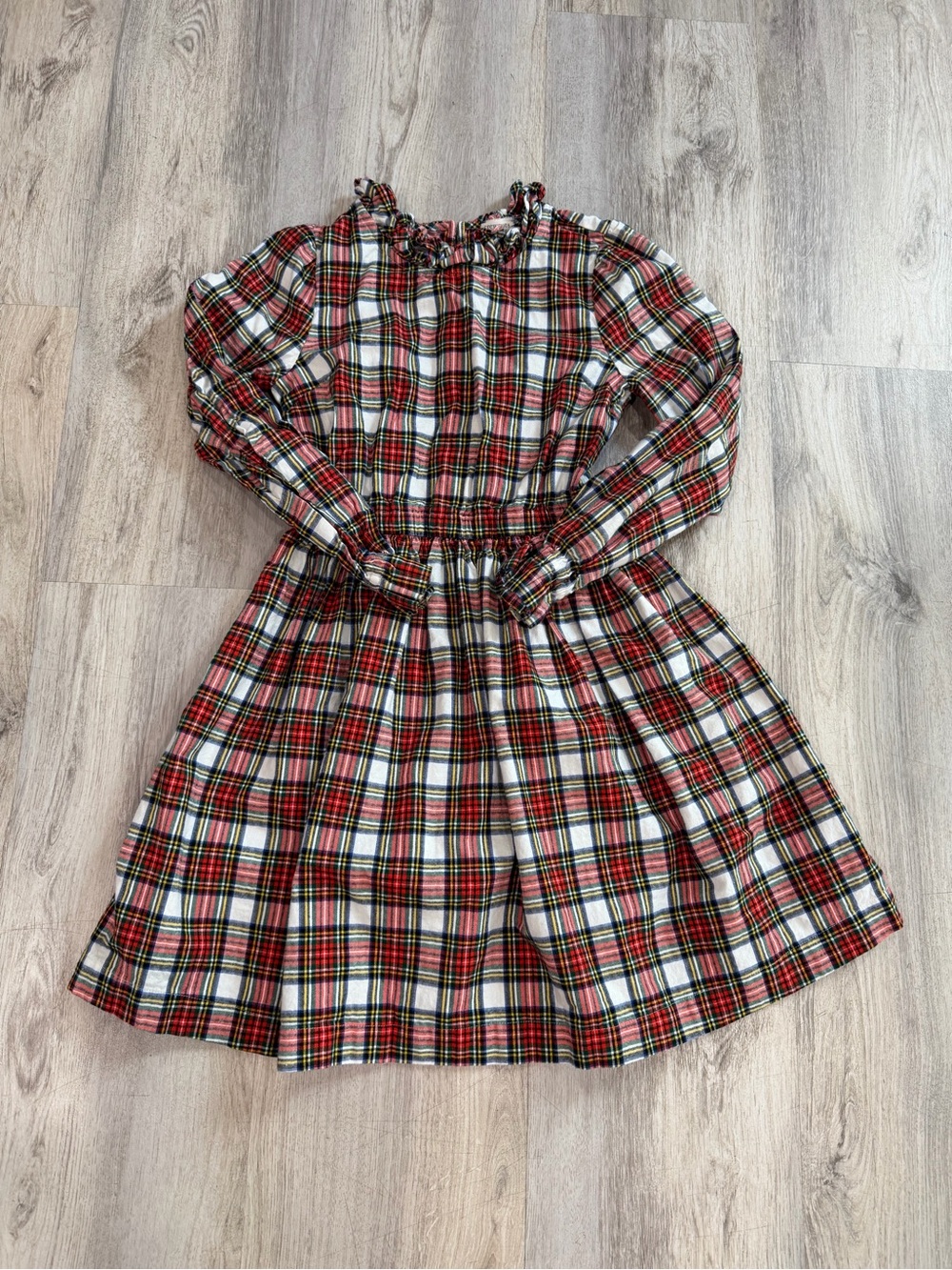 Crewcuts Red and White Plaid Long-Sleeve Ruffle Neck Dress